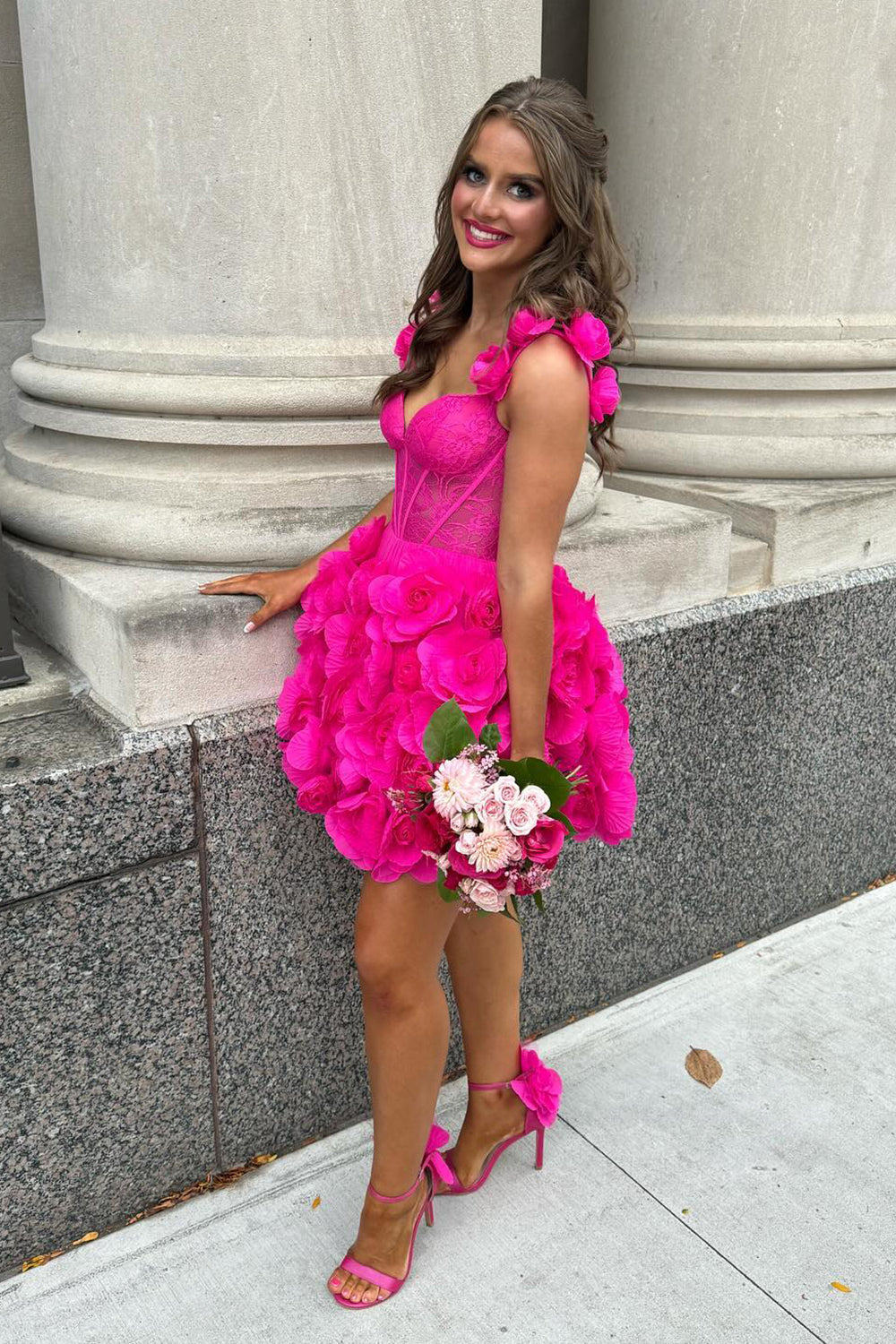 Fuchsia Homecoming Dresses Corset Floral Ruffled Short Cocktail Dresses with Lace