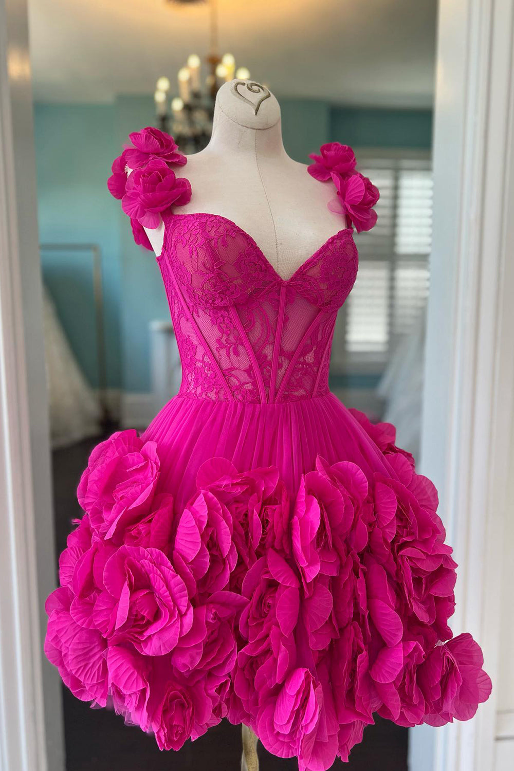 Fuchsia Homecoming Dresses Corset Floral Ruffled Short Cocktail Dresses with Lace