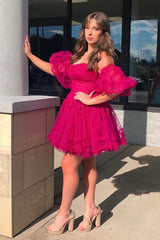 Fuchsia Homecoming Dresses Corset Puff Sleeves A-Line Short Tulle Prom Dress with Ruffles