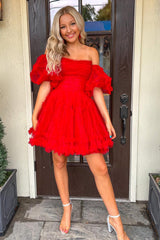 Fuchsia Homecoming Dresses Corset Puff Sleeves A-Line Short Tulle Prom Dress with Ruffles