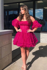 Fuchsia Homecoming Dresses Corset Puff Sleeves A-Line Short Tulle Prom Dress with Ruffles