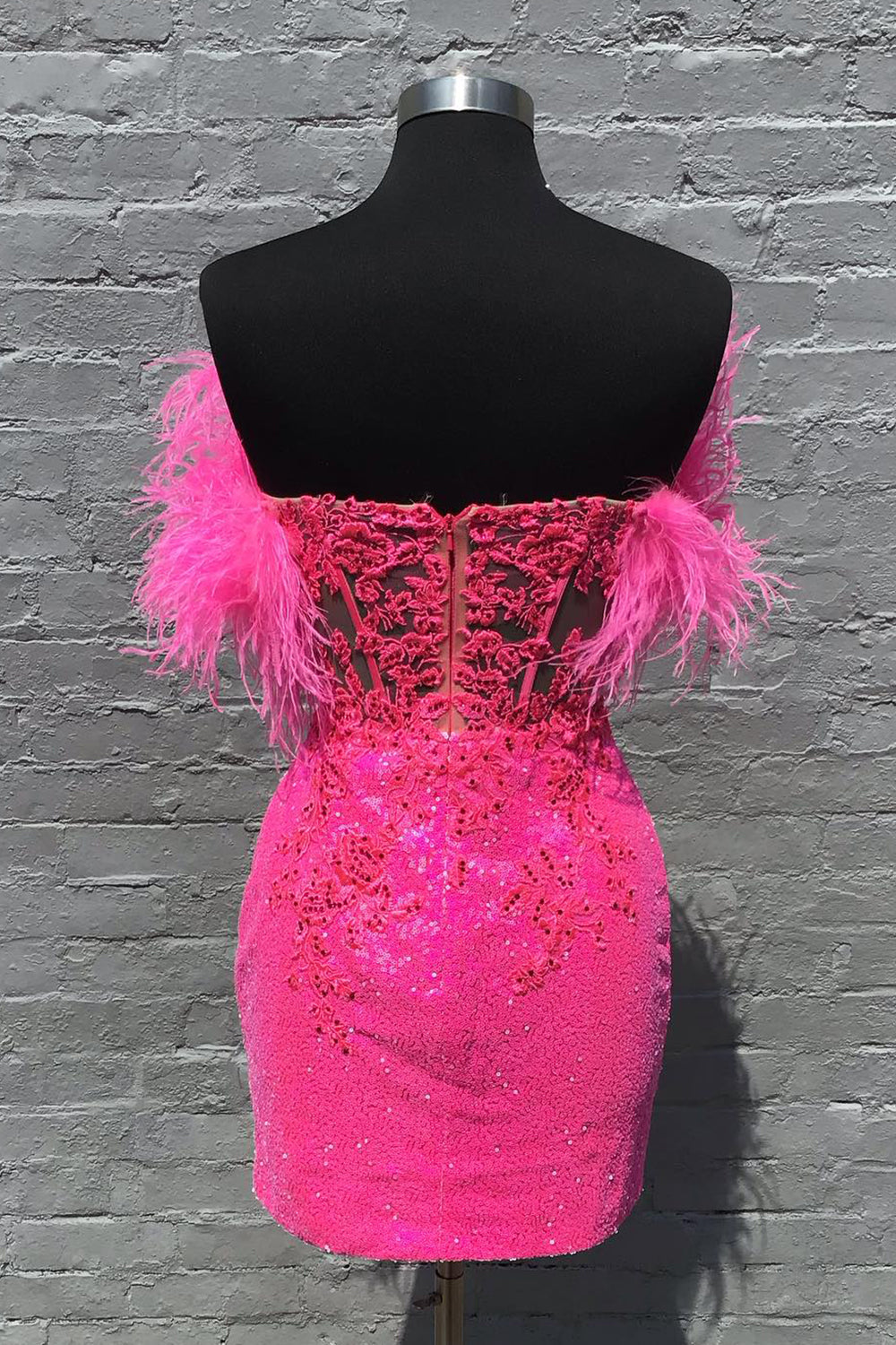Fuchsia Homecoming Dresses Corset Sequin Tight Short Cocktail Dresses with Feathers