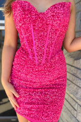 Fuchsia Homecoming Dresses Corset Sweetheart Sequin Tight Short Cocktail Dresses