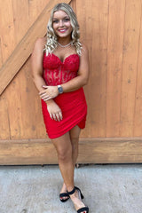 Fuchsia Homecoming Dresses Corset Tight Sequin Short Cocktail Dresses with Lace