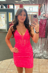 Fuchsia Homecoming Dresses Corset Tight Short Cocktail Dresses with Lace
