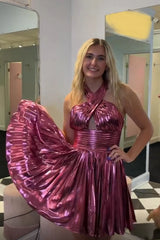 Fuchsia Homecoming Dresses Criss Cross Halter A Line Satin Short Cocktail Dresses