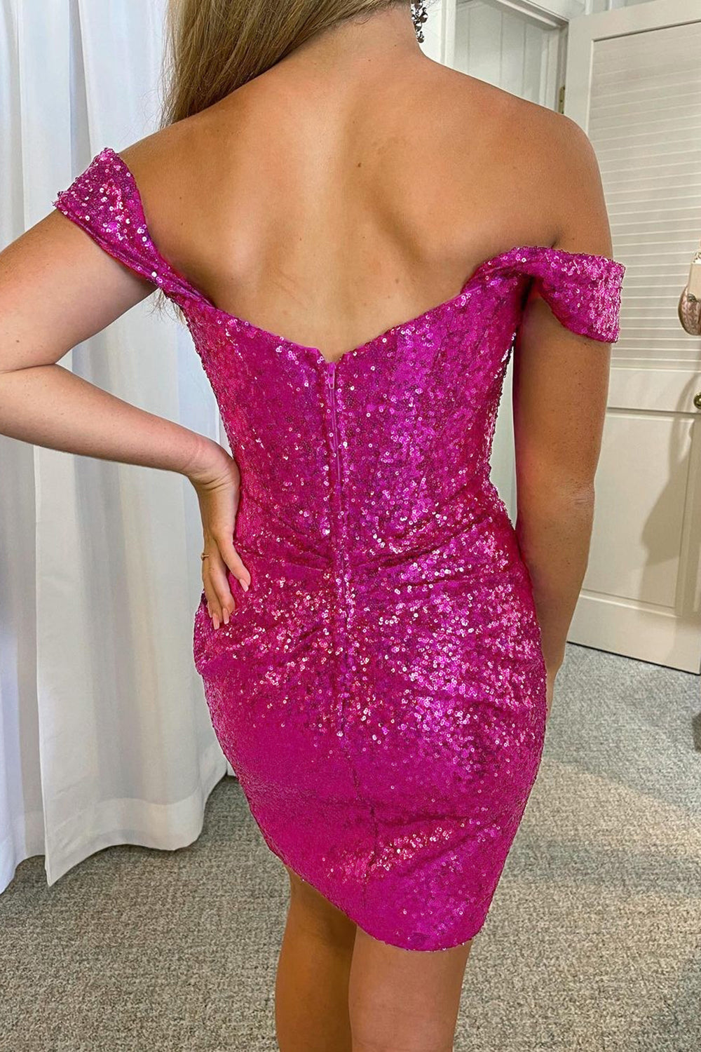 Fuchsia Homecoming Dresses Detachable Off the Shoulder Sequin Tight Prom Dress