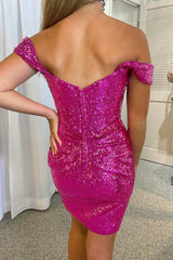 Fuchsia Homecoming Dresses Detachable Off the Shoulder Sequin Tight Prom Dress