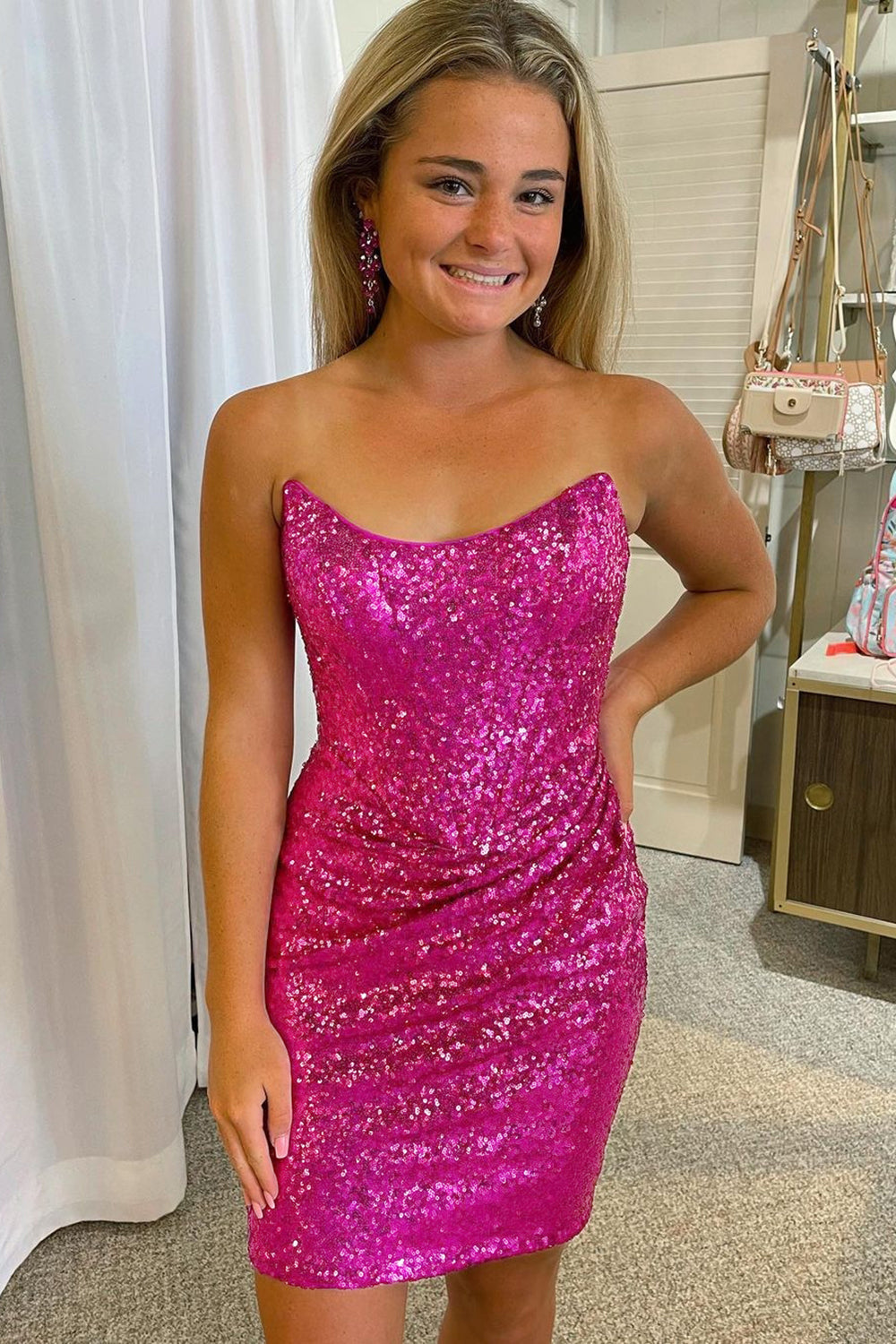 Fuchsia Homecoming Dresses Detachable Off the Shoulder Sequin Tight Prom Dress