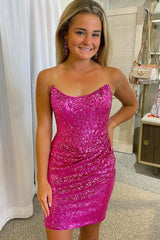 Fuchsia Homecoming Dresses Detachable Off the Shoulder Sequin Tight Prom Dress