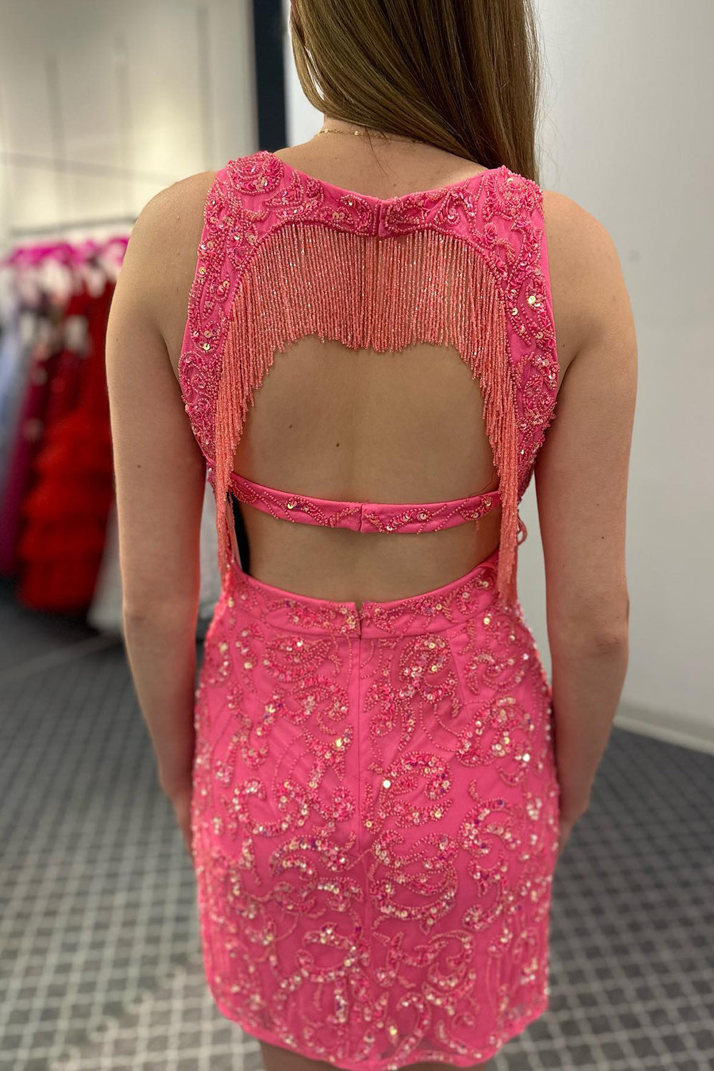 Fuchsia Homecoming Dresses Fringed Open Back Tight Short Cocktail Dresses
