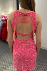 Fuchsia Homecoming Dresses Fringed Open Back Tight Short Cocktail Dresses