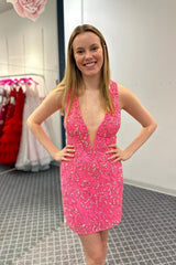 Fuchsia Homecoming Dresses Fringed Open Back Tight Short Cocktail Dresses