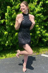 Fuchsia Homecoming Dresses Halter Sequin Tight Prom Dress with Fringes