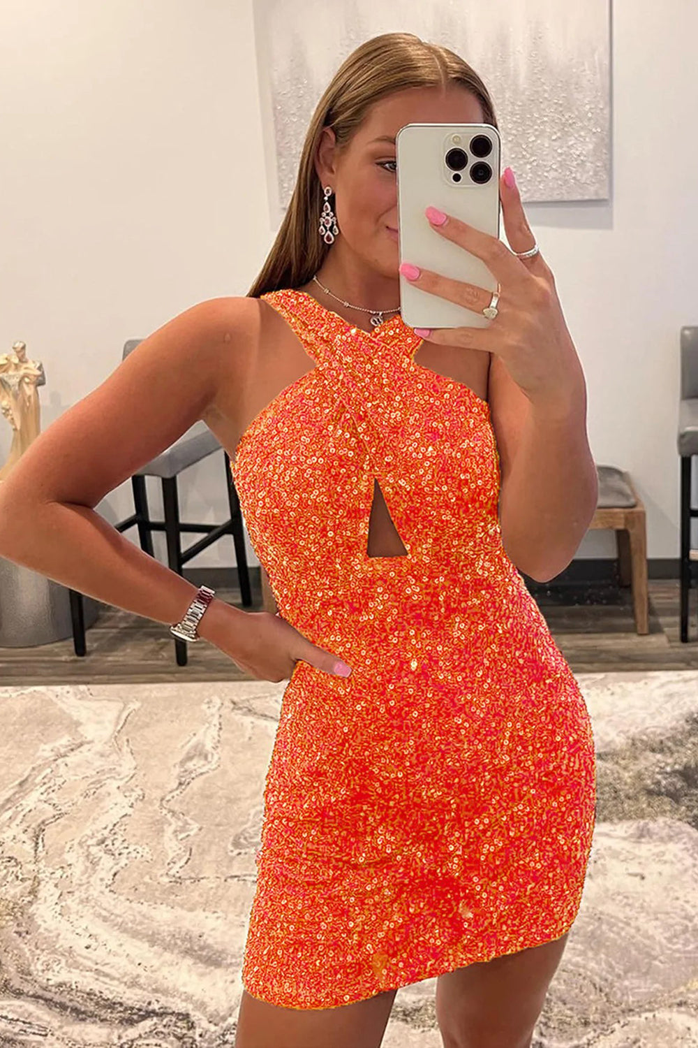 Fuchsia Homecoming Dresses Halter Sleeveless Sequined Prom Dress