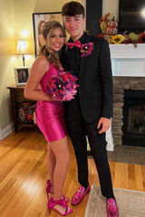 Fuchsia Homecoming Dresses Halter Tight Short Cocktail Dresses with Beadings