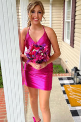 Fuchsia Homecoming Dresses Halter Tight Short Cocktail Dresses with Beadings