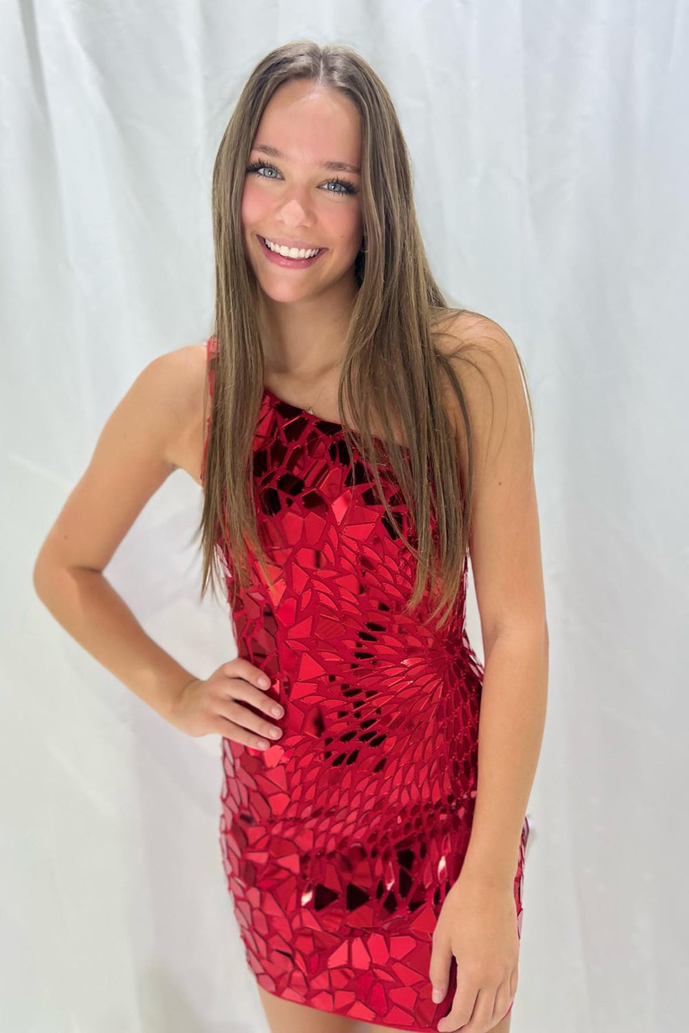Fuchsia Homecoming Dresses Mirror One Shoulder Tight Short Cocktail Dresses