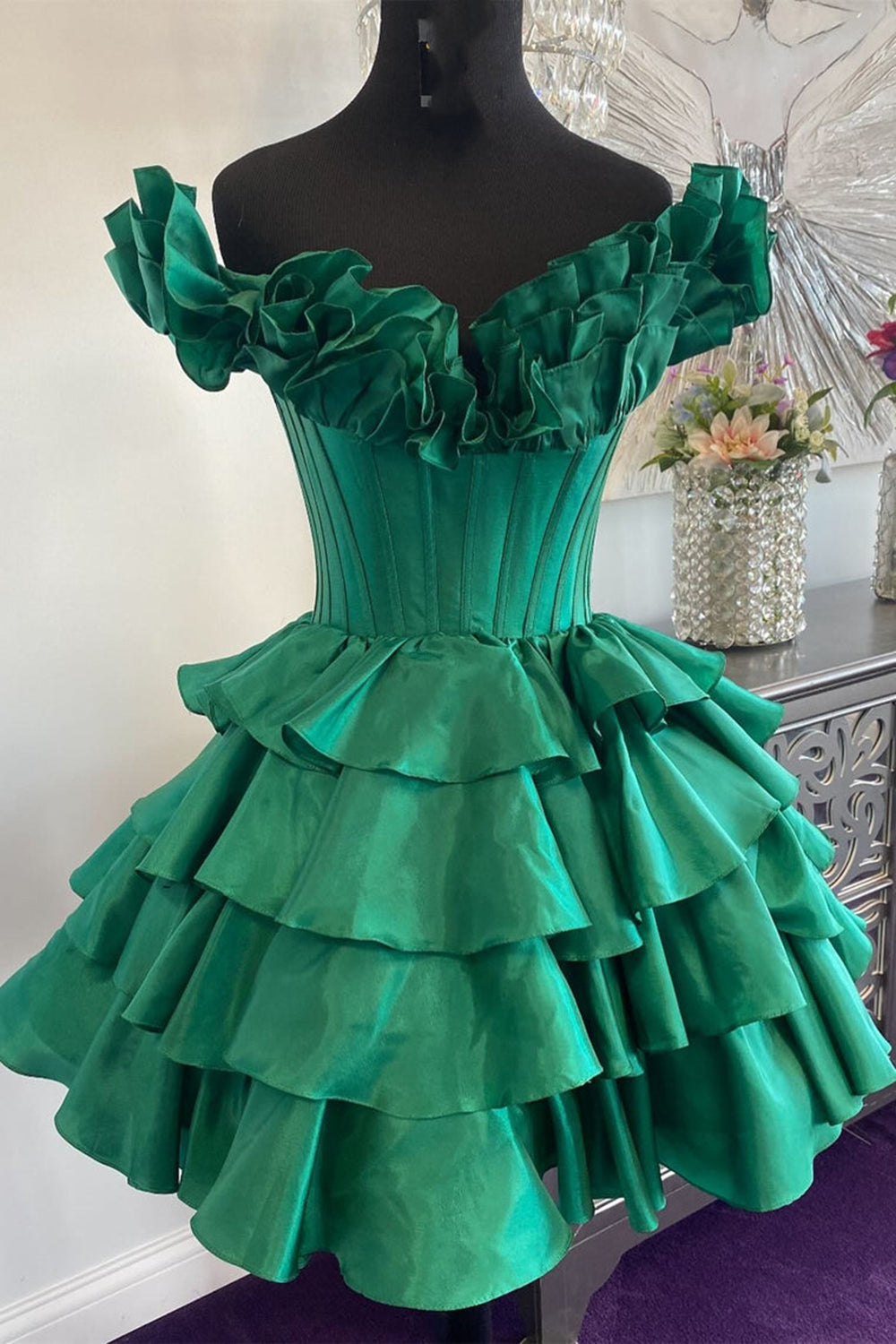 Fuchsia Homecoming Dresses Off The Shoulder Corset Short Cocktail Dresses With Ruffles