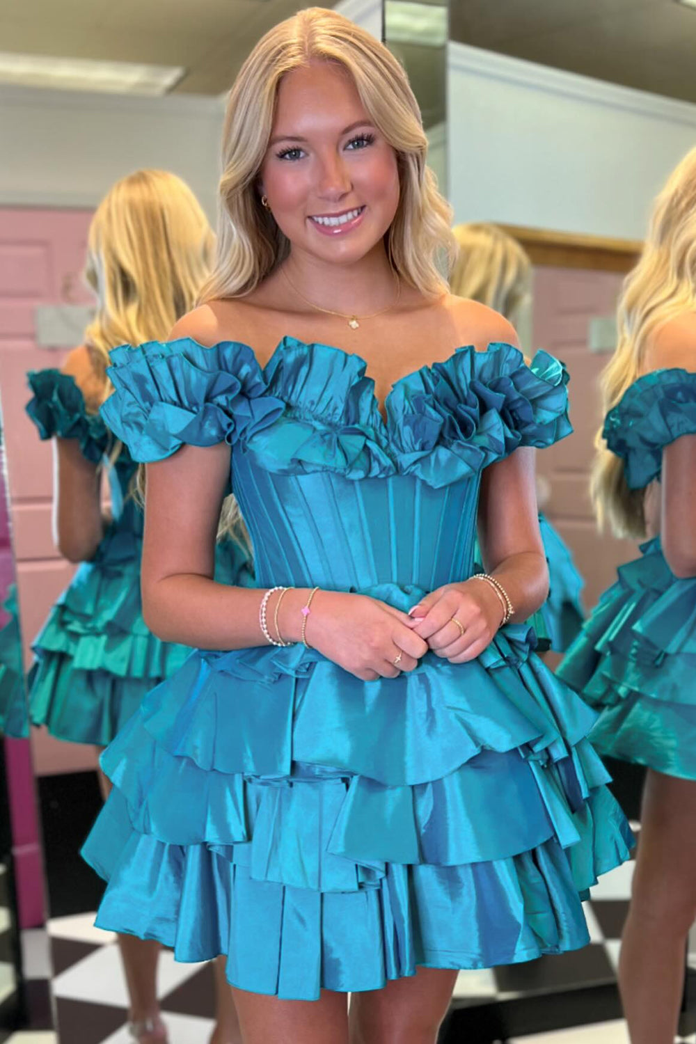 Fuchsia Homecoming Dresses Off The Shoulder Corset Short Cocktail Dresses With Ruffles