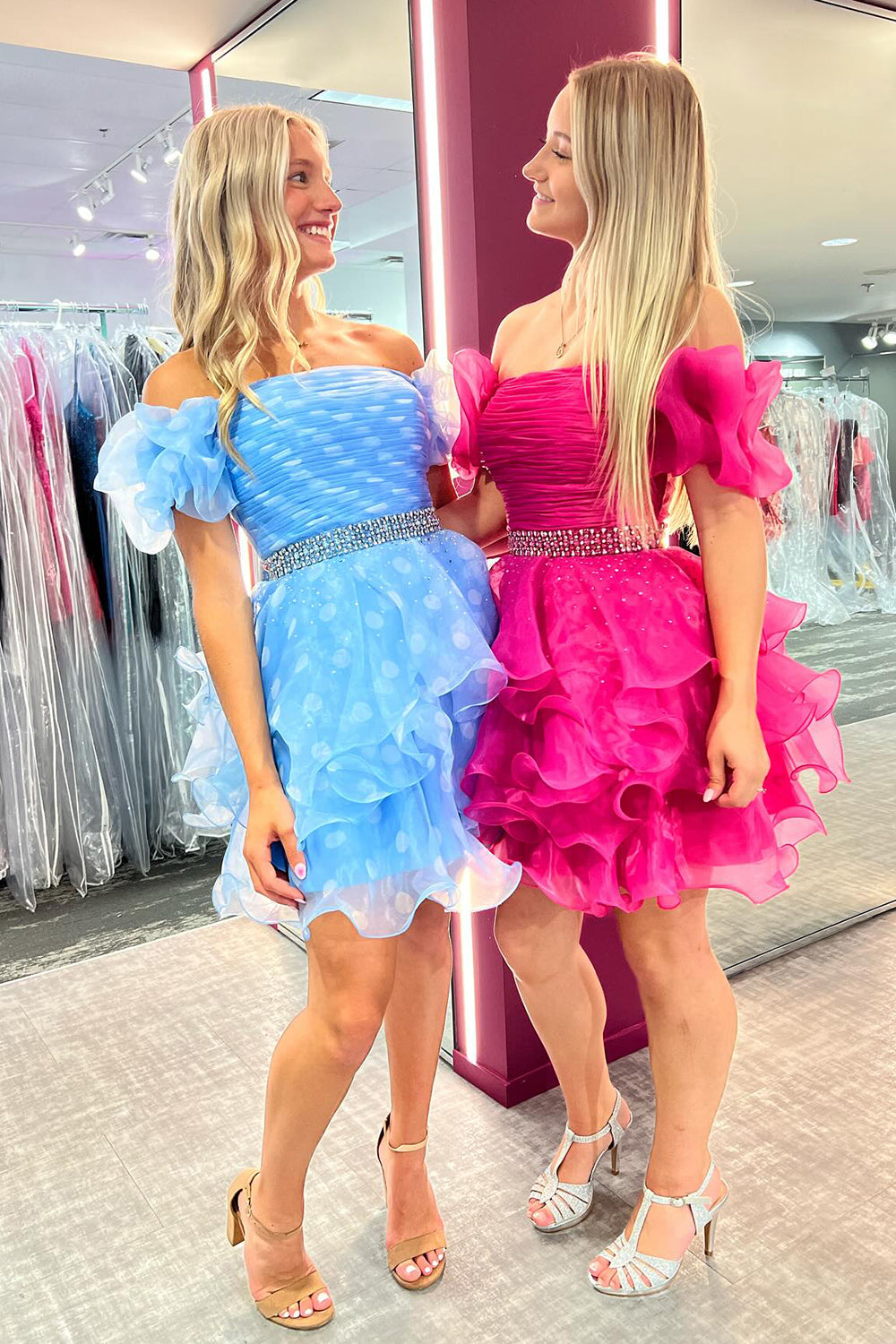 Fuchsia Homecoming Dresses Off The Shoulder Ruffled Short Cocktail Dresses