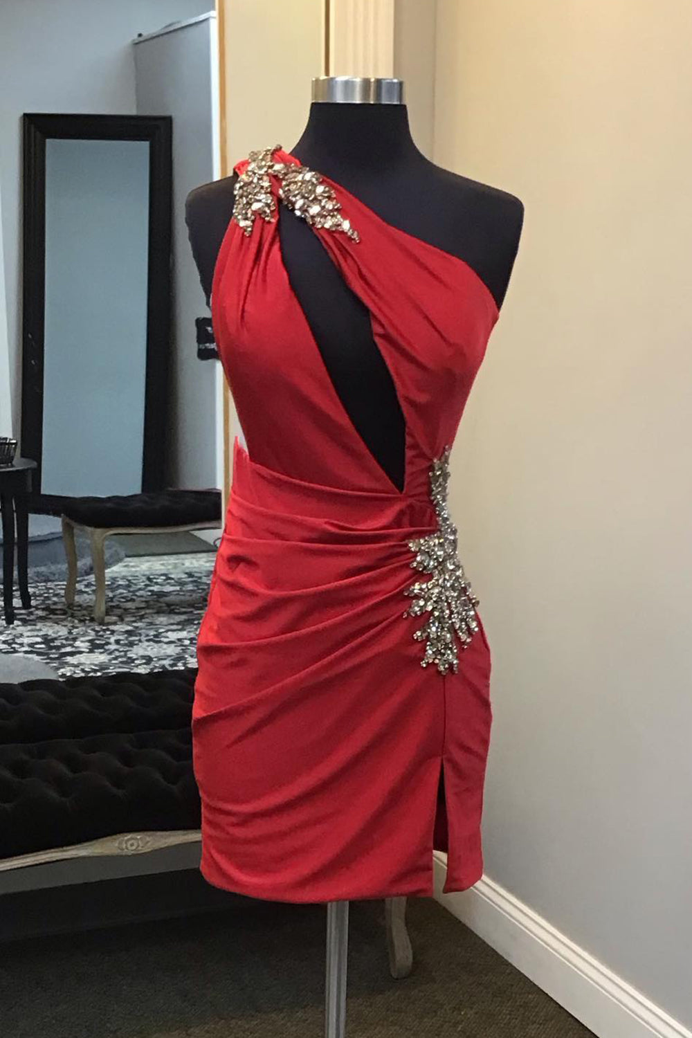 Fuchsia Homecoming Dresses One Shoulder Cut Out Tight Short Hoco Dress with Beading