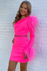 Fuchsia Homecoming Dresses One Shoulder Sequined Tight Short Cocktail Dresses with Feathers