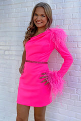 Fuchsia Homecoming Dresses One Shoulder Sequined Tight Short Cocktail Dresses with Feathers