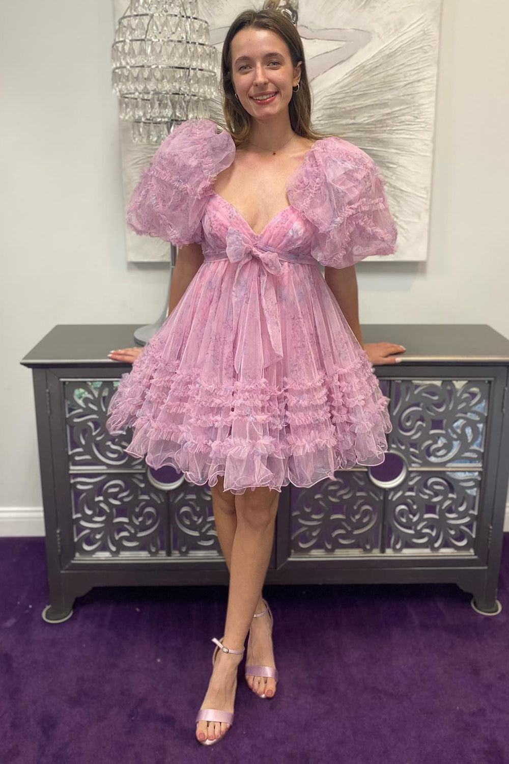Fuchsia Homecoming Dresses Puff Sleeves A-Line Floral Short Cocktail Dresses with Ruffles