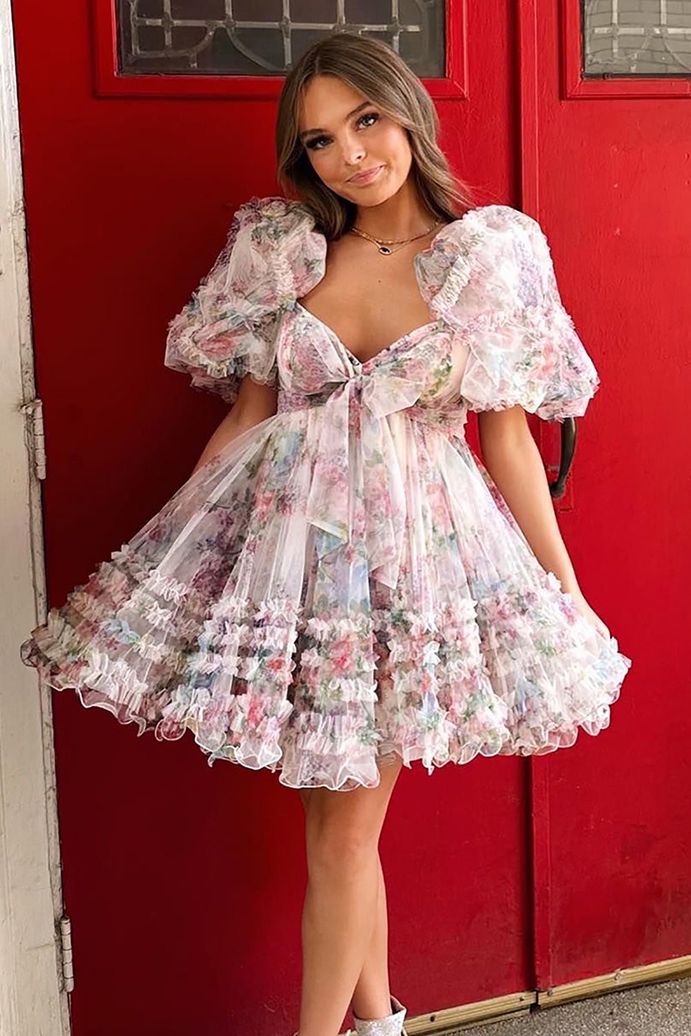 Fuchsia Homecoming Dress Puff Sleeves A-Line Floral Short Prom Dress with Ruffles Suzhoufashion