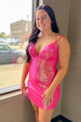Fuchsia Homecoming Dresses Sequin Backless Tight Short Cocktail Dresses