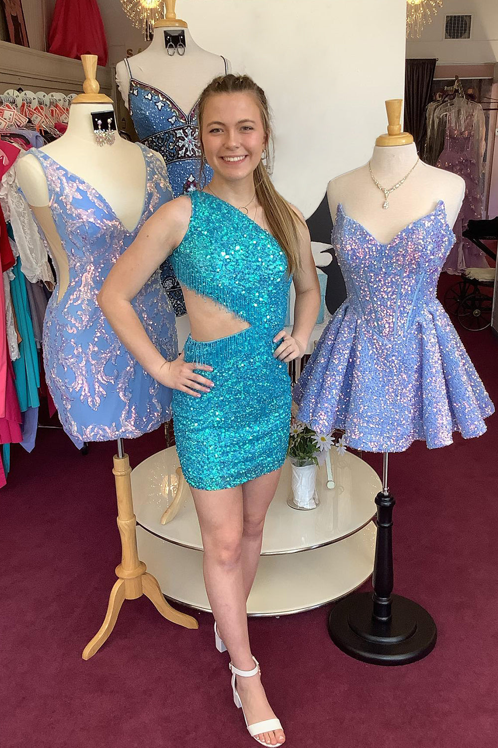 Fuchsia Homecoming Dresses Sequin Fringed Cut Out Tight Short Cocktail Dresses