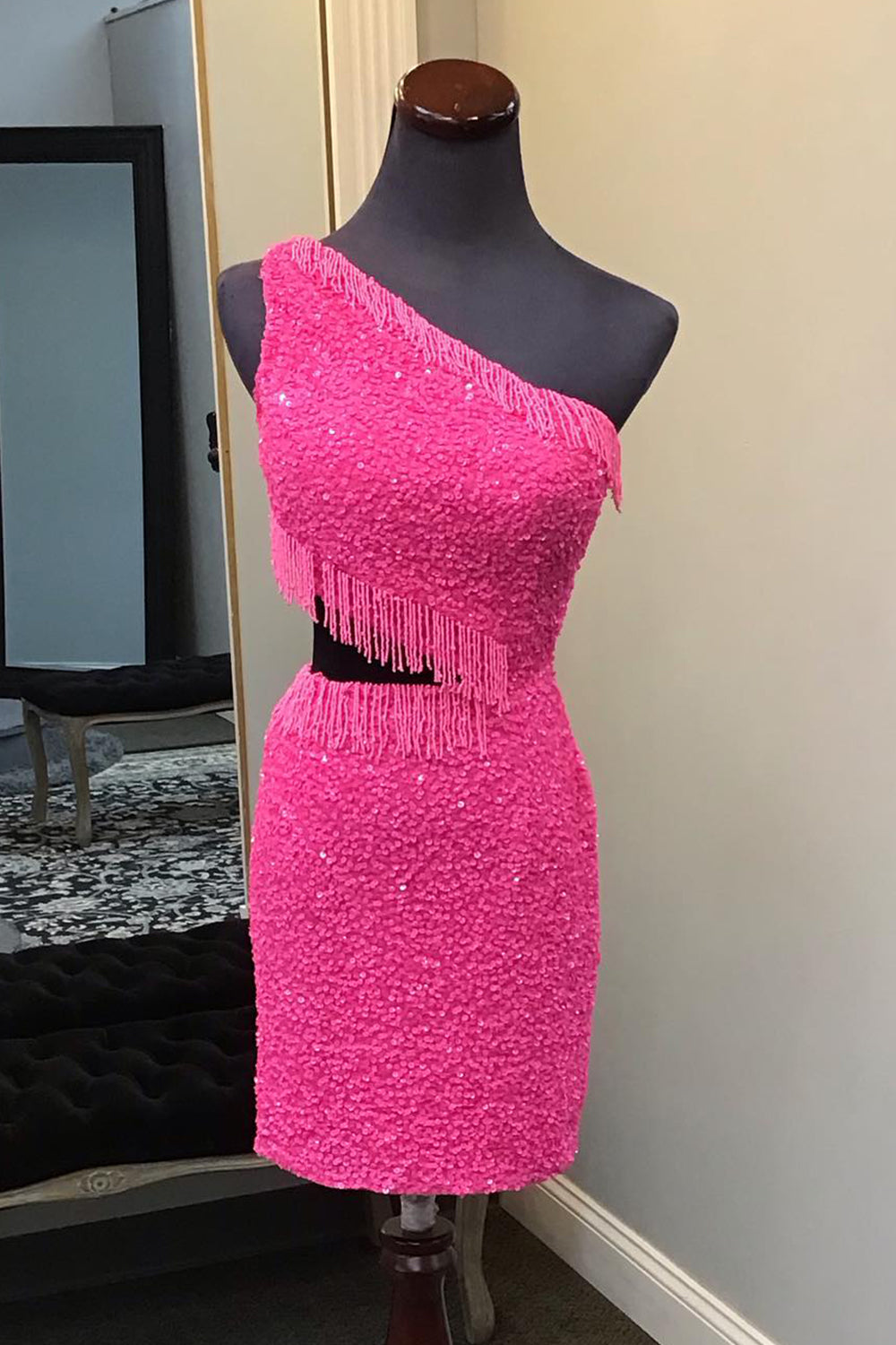 Fuchsia Homecoming Dresses Sequin Fringed Cut Out Tight Short Cocktail Dresses