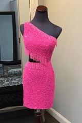 Fuchsia Homecoming Dresses Sequin Fringed Cut Out Tight Short Cocktail Dresses