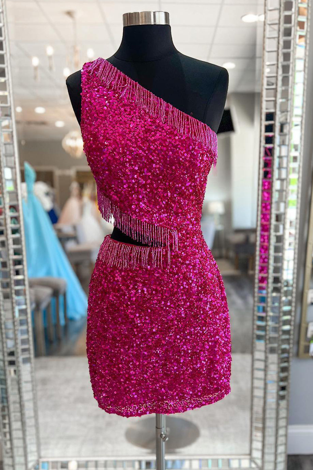 Fuchsia Homecoming Dresses Sequin Fringed Cut Out Tight Short Cocktail Dresses