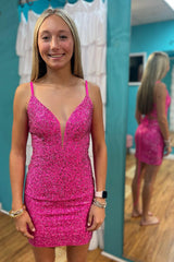 Fuchsia Homecoming Dresses Sequin Lace-Up Back Tight Short Cocktail Dresses