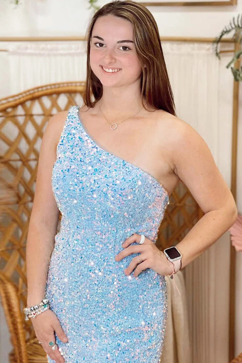 Fuchsia Homecoming Dresses Sequin One Shoulder Prom Dress