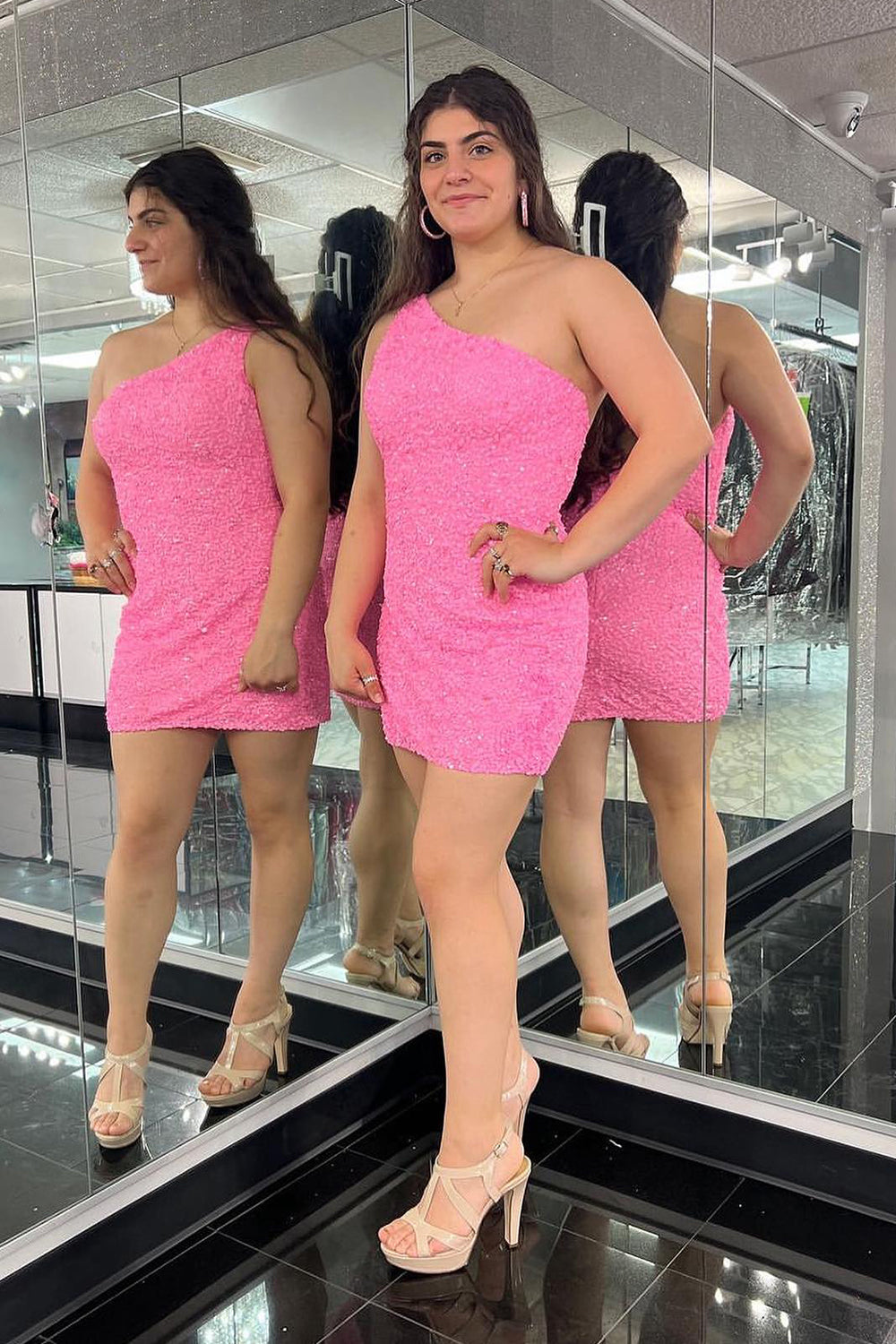 Fuchsia Homecoming Dresses Sequin One Shoulder Prom Dress