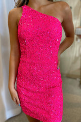 Fuchsia Homecoming Dresses Sequin One Shoulder Sleeveless Tight Short Cocktail Dresses