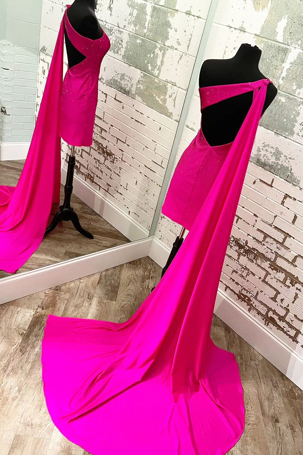 Fuchsia Homecoming Dresses Sequin One Shoulder Watteau Train Tight Prom Dress