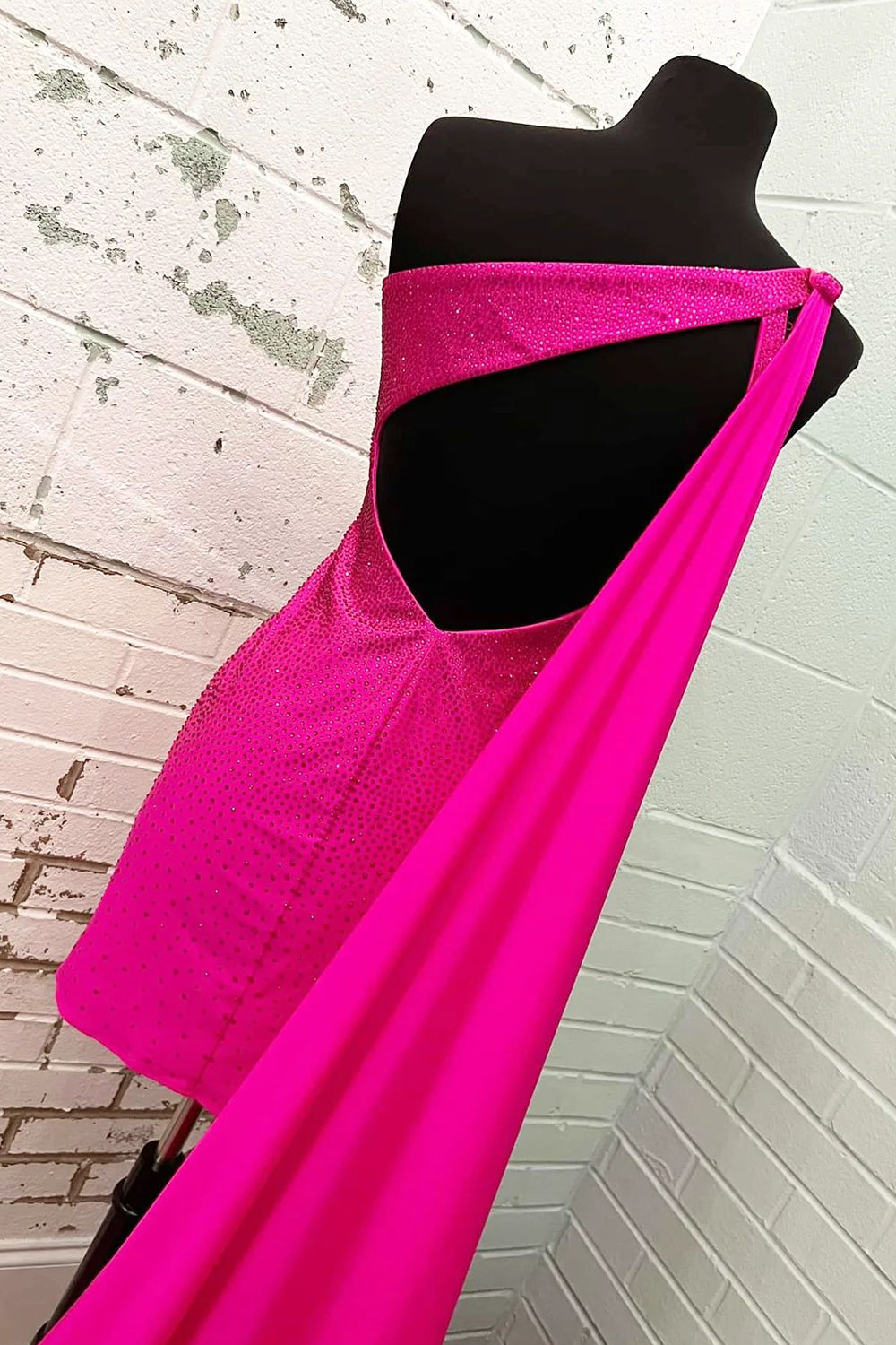 Fuchsia Homecoming Dresses Sequin One Shoulder Watteau Train Tight Prom Dress