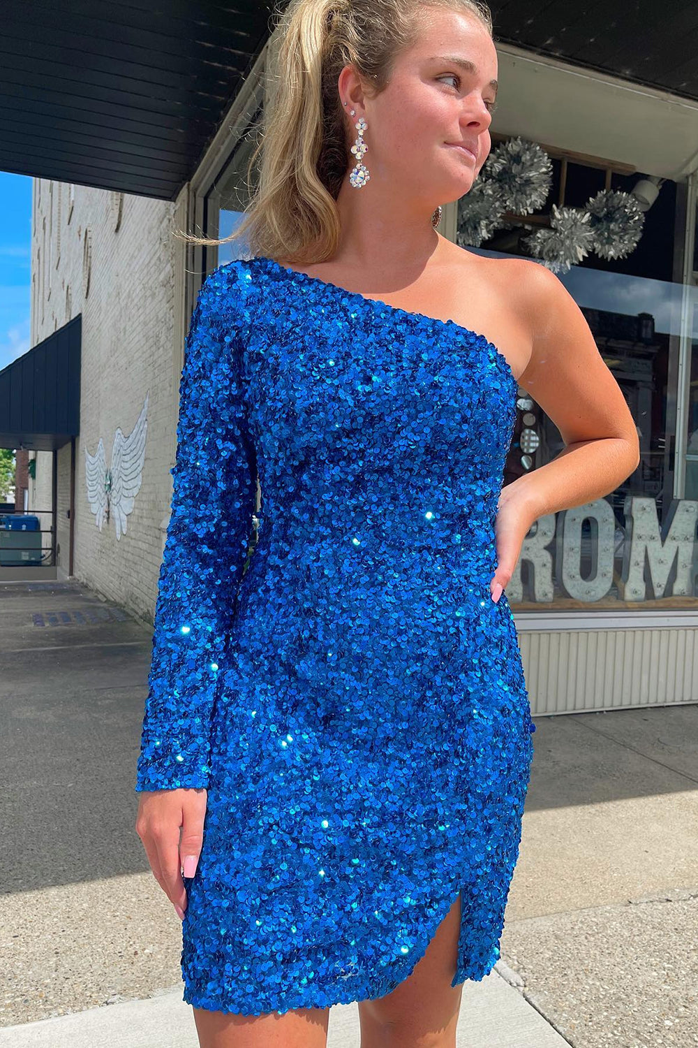 Fuchsia Homecoming Dresses Sequin Prom Dress with Sleeves