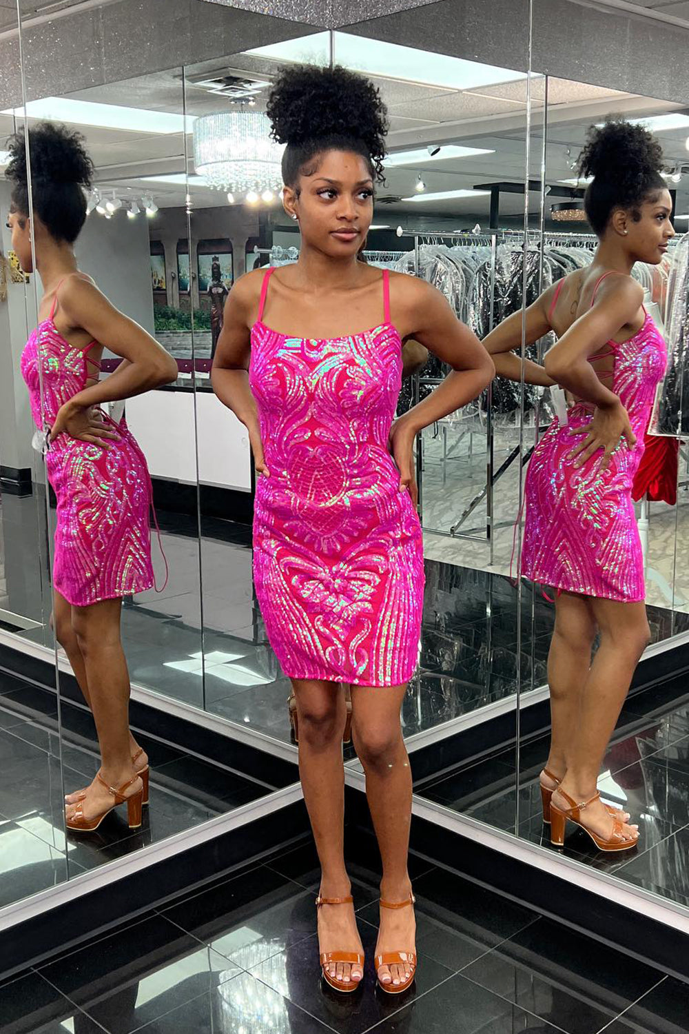 Fuchsia Homecoming Dresses Sequin Spaghetti Straps Tight Short Cocktail Dresses