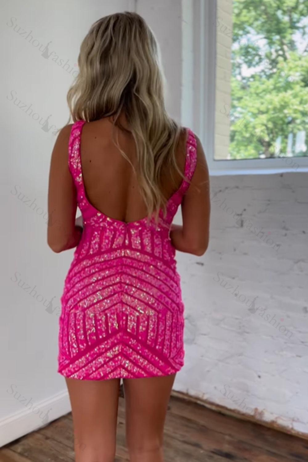 Fuchsia Homecoming Dresses Sequin V-Neck Tight Prom Dress