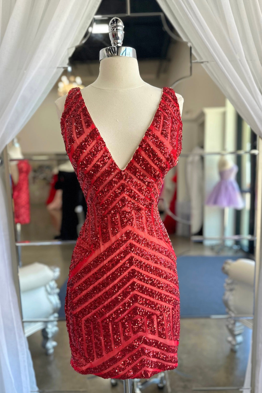Fuchsia Homecoming Dresses Sequin V-Neck Tight Prom Dress