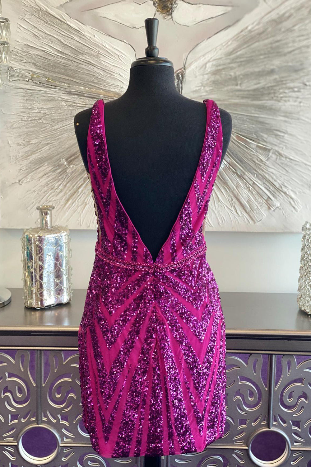 Fuchsia Homecoming Dresses Sequined Backless Tight Short Cocktail Dresses