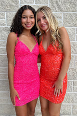 Fuchsia Homecoming Dresses Sequined Spaghetti Straps Tight Short Cocktail Dresses