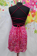 Fuchsia Homecoming Dresses Sequined Spaghetti Straps Tight Short Cocktail Dresses