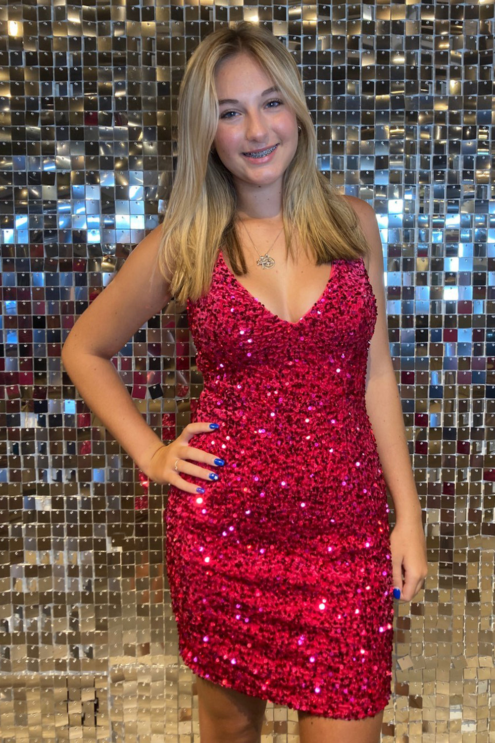 Fuchsia Homecoming Dresses Sequined Spaghetti Straps Tight Short Cocktail Dresses