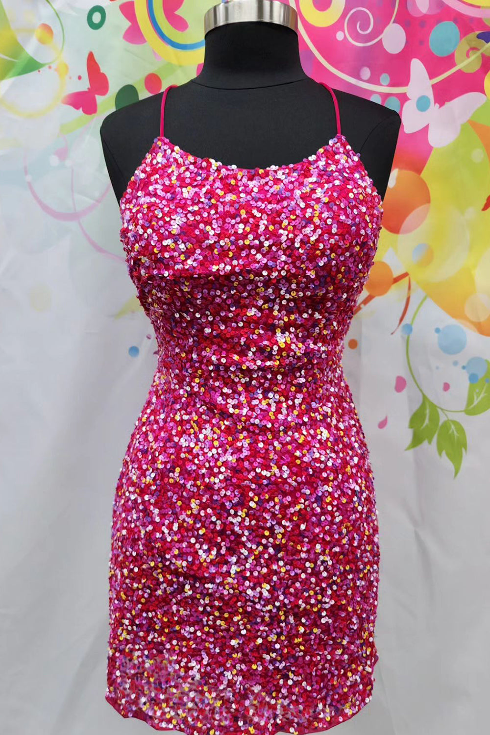 Fuchsia Homecoming Dresses Sequined Spaghetti Straps Tight Short Cocktail Dresses